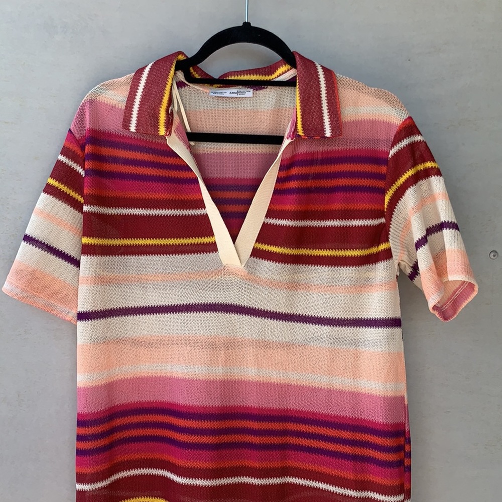 Zara Sheer Striped Polo Midi Dress